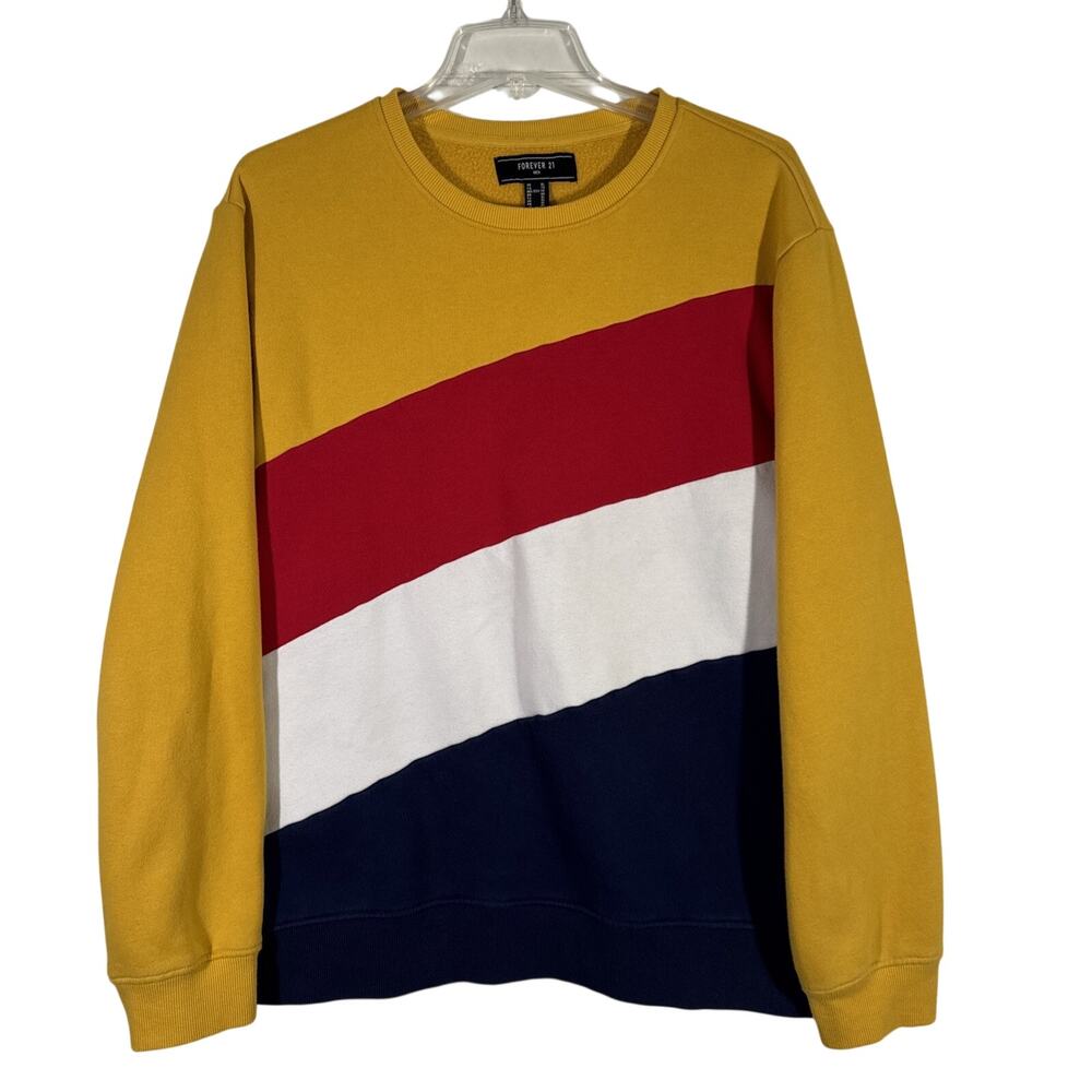 Vintage Forever 21 Men’s XL Sweatshirt Color Block Crew Neck Yellow Red Navy 90s